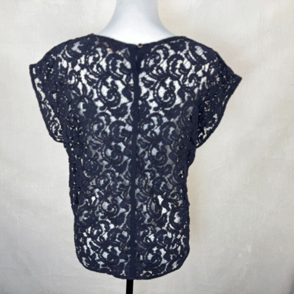 Loft Women Sz L Navy Lace Crochet Round Neck Cap Sleeve - Picture 4 of 6